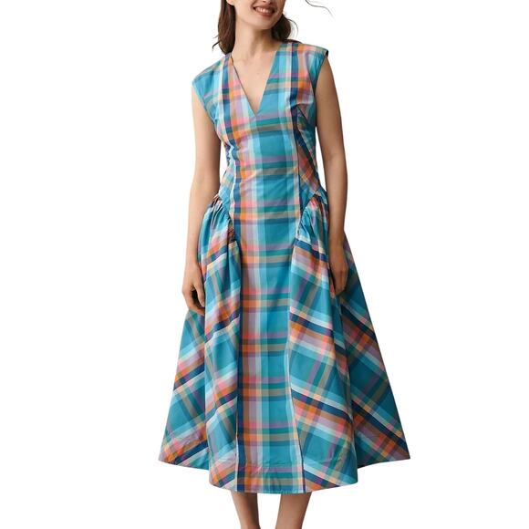 Anthropologie Dresses & Skirts - Anthropologie Maeve NEW Sleeveless V-Neck Basque Waist Blue Plaid Midi Dress